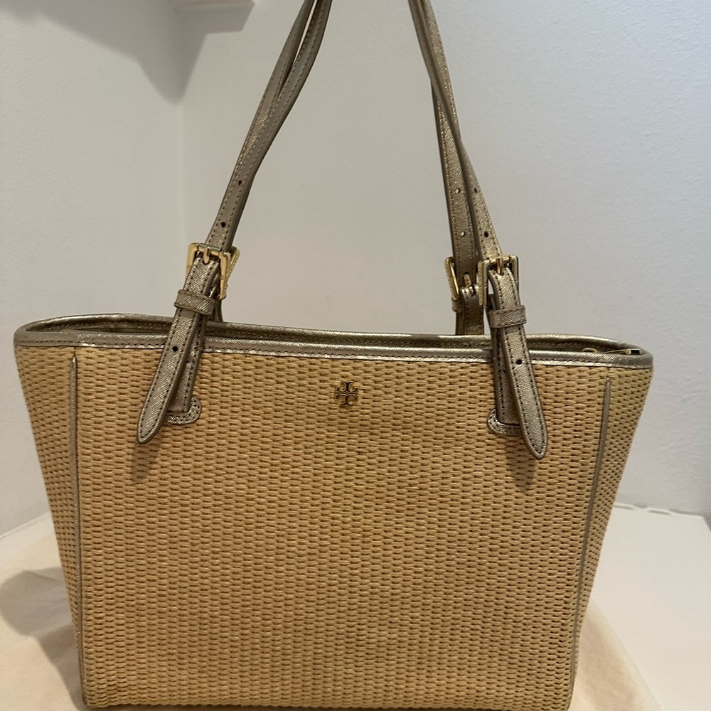 Tory Burch Straw Tote with Gold Handles and Trim